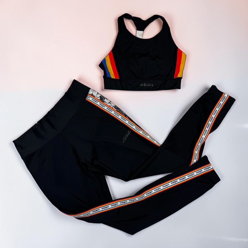 Adidas x Farm Rio Sports Bra Leggings Set Womens M Rainbow Stripe Floral Print